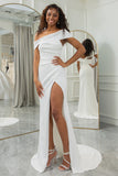 Ivory Mermaid Straight Neck Sweep Train Satin Wedding Dress with Slit