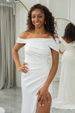 Ivory Mermaid Straight Neck Sweep Train Satin Wedding Dress with Slit