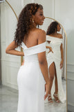 Ivory Mermaid Straight Neck Sweep Train Satin Wedding Dress with Slit