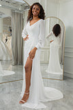 Ivory A-Line V-Neck Long Sleeves Chiffon Bridal Dress With Slit