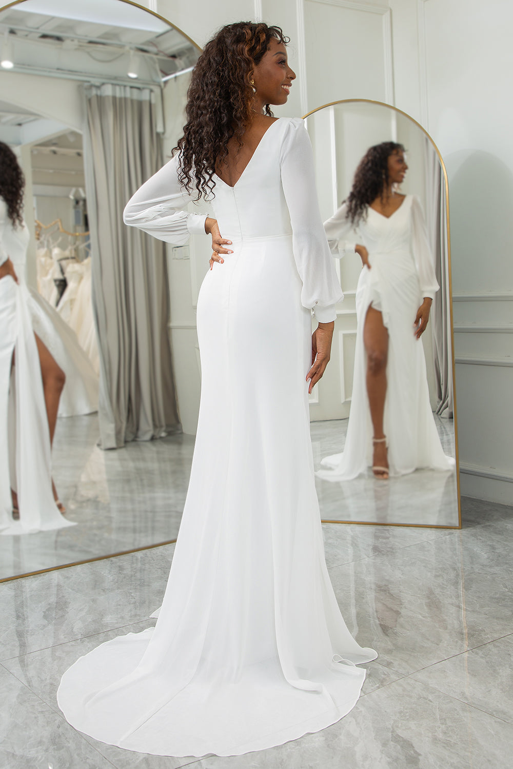 Ivory A-Line V-Neck Long Sleeves Chiffon Bridal Dress With Slit