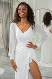 Ivory A-Line V-Neck Long Sleeves Chiffon Bridal Dress With Slit