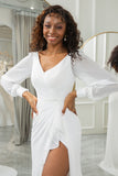 Ivory A-Line V-Neck Long Sleeves Chiffon Bridal Dress With Slit