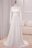 Ivory A-Line Square Neck Sweep Train Satin Wedding Dress with Long Sleeves