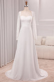 Ivory A-Line Square Neck Sweep Train Satin Bridal Dress with Long Sleeves