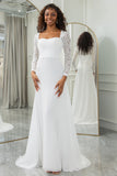 Ivory A-Line Square Neck Sweep Train Satin Wedding Dress with Long Sleeves