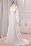 Ivory A-Line Square Neck Sweep Train Satin Bridal Dress with Long Sleeves