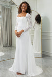 Ivory A-Line Square Neck Sweep Train Satin Wedding Dress with Long Sleeves