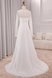 Ivory A-Line Square Neck Sweep Train Satin Bridal Dress with Long Sleeves