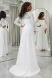 Ivory A-Line Square Neck Sweep Train Satin Wedding Dress with Long Sleeves