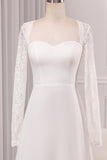 Ivory A-Line Square Neck Sweep Train Satin Bridal Dress with Long Sleeves