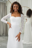 Ivory A-Line Square Neck Sweep Train Satin Wedding Dress with Long Sleeves