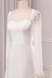 Ivory A-Line Square Neck Sweep Train Satin Bridal Dress with Long Sleeves