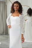 Ivory A-Line Square Neck Sweep Train Satin Wedding Dress with Long Sleeves