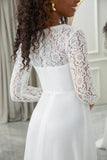 Ivory A-Line Square Neck Sweep Train Satin Wedding Dress with Long Sleeves