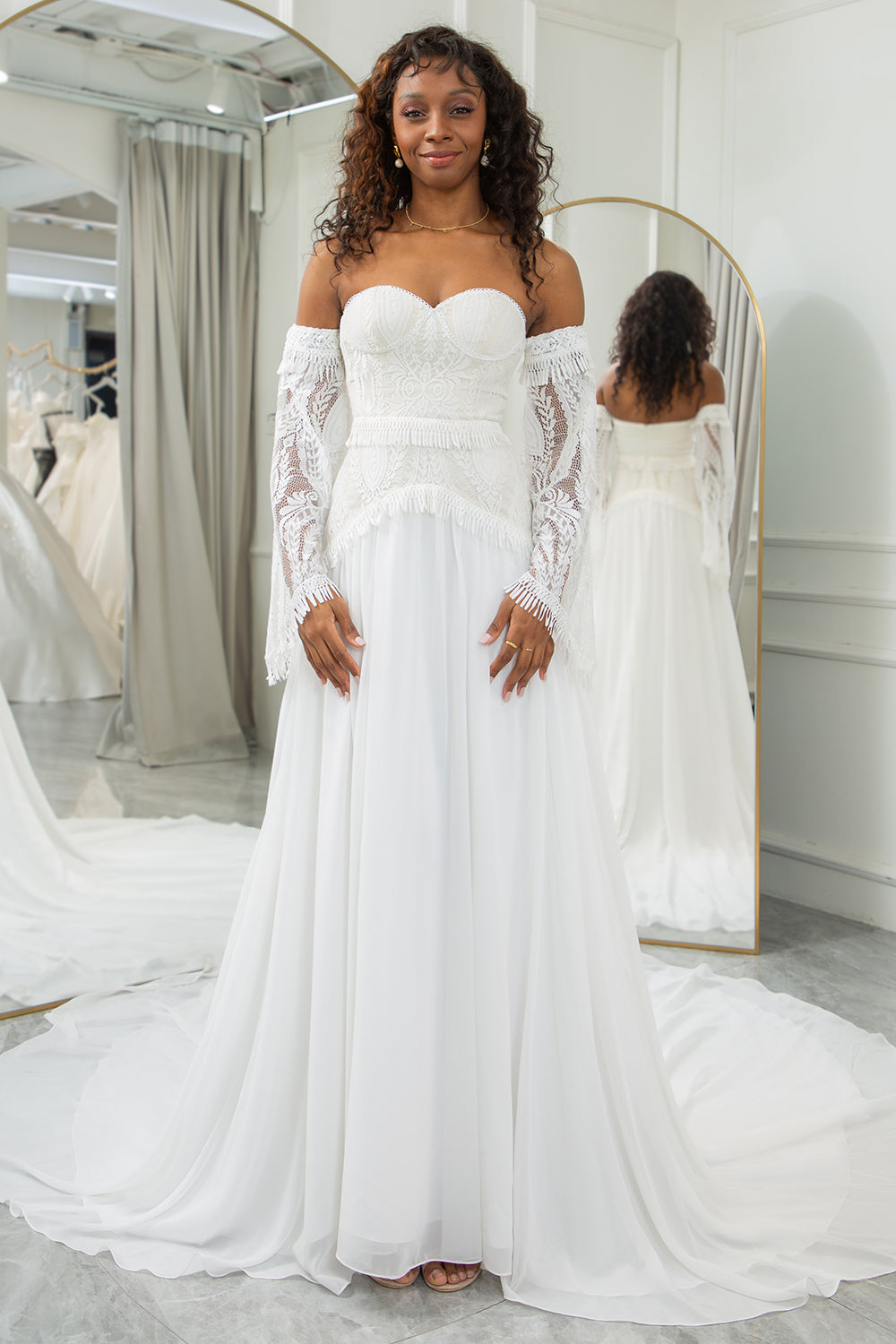 Wedtrend Women Ivory Bridal Dress A Line Sweetheart Fringe Chapel Train Wedding Dresses with Long Sleeves, Ivory / US22W Wedtrend Women Ivory Bridal Dress A Line Sweetheart Fringe Chapel Train Wedding Dresses with Long Sleeves, Ivory / US22W