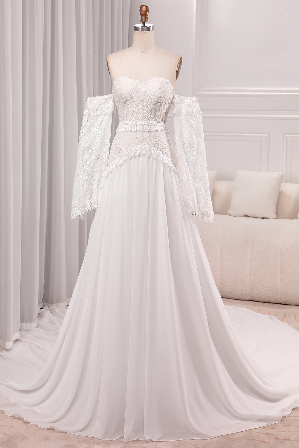 Ivory A Line Sweetheart Long Sleeves Chapel Train Wedding Dresses With Fringe