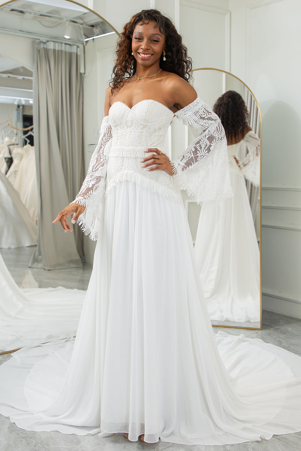 Wedtrend Women Ivory Bridal Dress A Line Sweetheart Fringe Chapel Train Wedding Dresses With Long Sleeves WEDTREND Wedtrend Women Ivory Bridal Dress A Line Sweetheart Fringe Chapel Train Wedding Dresses With Long Sleeves WEDTREND