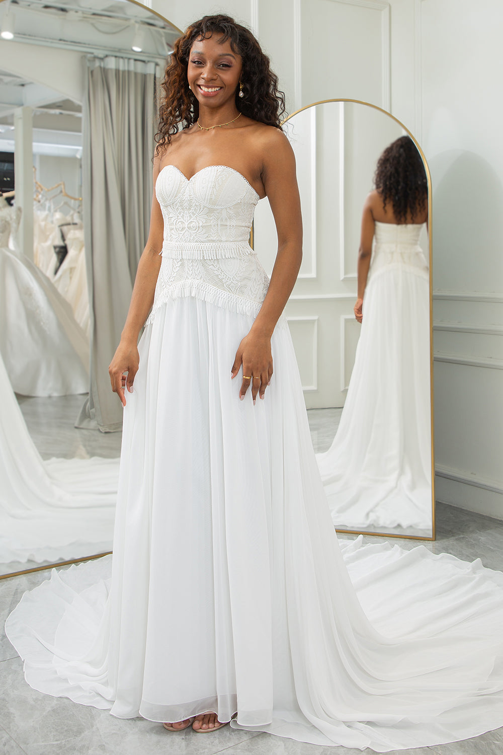 Wedtrend Women Ivory Bridal Dress A Line Sweetheart Fringe Chapel