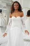 Ivory A Line Sweetheart Fringe Chapel Train Wedding Dresses With Long Sleeves
