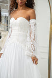 Ivory A Line Sweetheart Long Sleeves Chapel Train Wedding Dresses With Fringe