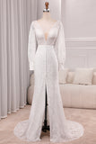 Ivory Sheath V-Neck Long Sleeves Open Back Bridal Dress with Front Slit