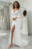 Ivory Sheath V-Neck Long Sleeves Open Back Bridal Dress with Front Slit