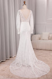 Ivory Sheath V-Neck Long Sleeves Open Back Bridal Dress with Front Slit