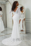 Ivory Sheath V-Neck Long Sleeves Open Back Bridal Dress with Front Slit