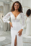 Ivory Sheath V-Neck Long Sleeves Open Back Bridal Dress with Front Slit