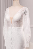 Ivory Sheath V-Neck Long Sleeves Backless Wedding Dress with Front Slit