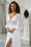 Ivory Sheath V-Neck Long Sleeves Open Back Bridal Dress with Front Slit