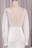 Ivory Sheath V-Neck Long Sleeves Backless Wedding Dress with Front Slit