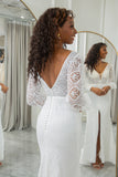 Ivory Sheath V-Neck Long Sleeves Open Back Bridal Dress with Front Slit