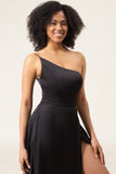 Black A-Line One Shoulder Floor Length Chiffon Bridesmaid Dress With Slit