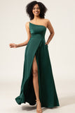 A-Line One Shoulder Floor Length Chiffon Dark Green Bridesmaid Dress With Slit