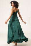 A-Line One Shoulder Floor Length Chiffon Dark Green Bridesmaid Dress With Slit