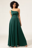 A-Line One Shoulder Floor Length Chiffon Dark Green Bridesmaid Dress With Slit