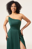 A-Line One Shoulder Floor Length Chiffon Dark Green Bridesmaid Dress With Slit