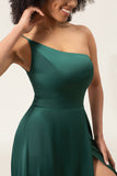 A-Line One Shoulder Floor Length Chiffon Dark Green Bridesmaid Dress With Slit