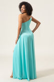 Jade A-Line One Shoulder Floor Length Chiffon Bridesmaid Dress With Slit