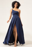 Navy A-Line One Shoulder Floor Length Chiffon Bridesmaid Dress With Slit