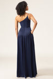 Navy A-Line One Shoulder Floor Length Chiffon Bridesmaid Dress With Slit