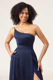 Navy A-Line One Shoulder Floor Length Chiffon Bridesmaid Dress With Slit