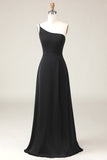 Dark Green A-Line One Shoulder Floor Length Chiffon Bridesmaid Dress