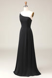 Dark Green A-Line One Shoulder Floor Length Chiffon Bridesmaid Dress