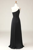 Dark Green A-Line One Shoulder Floor Length Chiffon Bridesmaid Dress