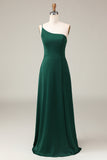 Dark Green A-Line One Shoulder Floor Length Chiffon Bridesmaid Dress