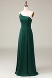 Dark Green A-Line One Shoulder Floor Length Chiffon Bridesmaid Dress