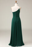 Dark Green A-Line One Shoulder Floor Length Chiffon Bridesmaid Dress